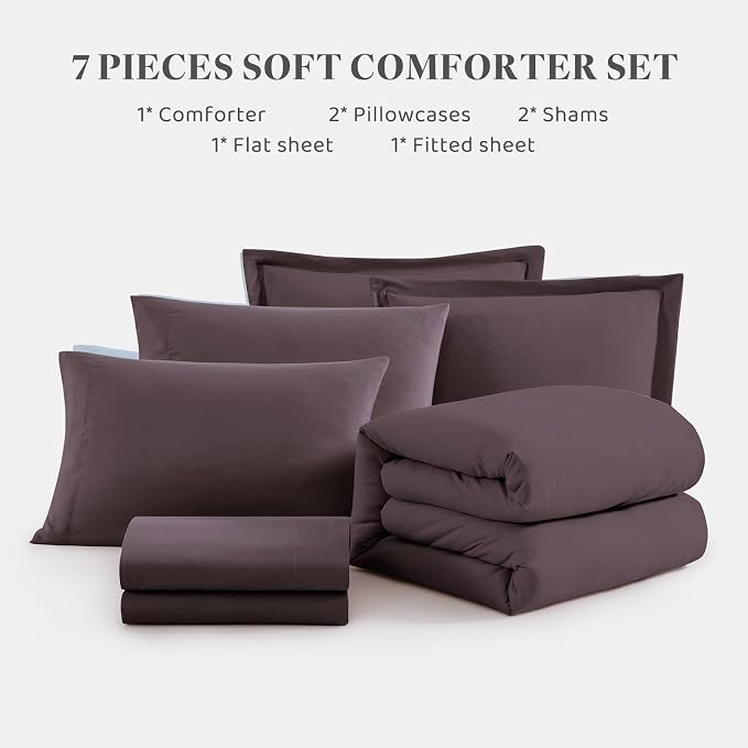 Oversized King Size Comforter Set- 7 Pieces Bed in a Bag King Bedding Sets | Prewashed All Season Comforter with Sheets, Pillow Shams & Pillowcases,Artic Plum
