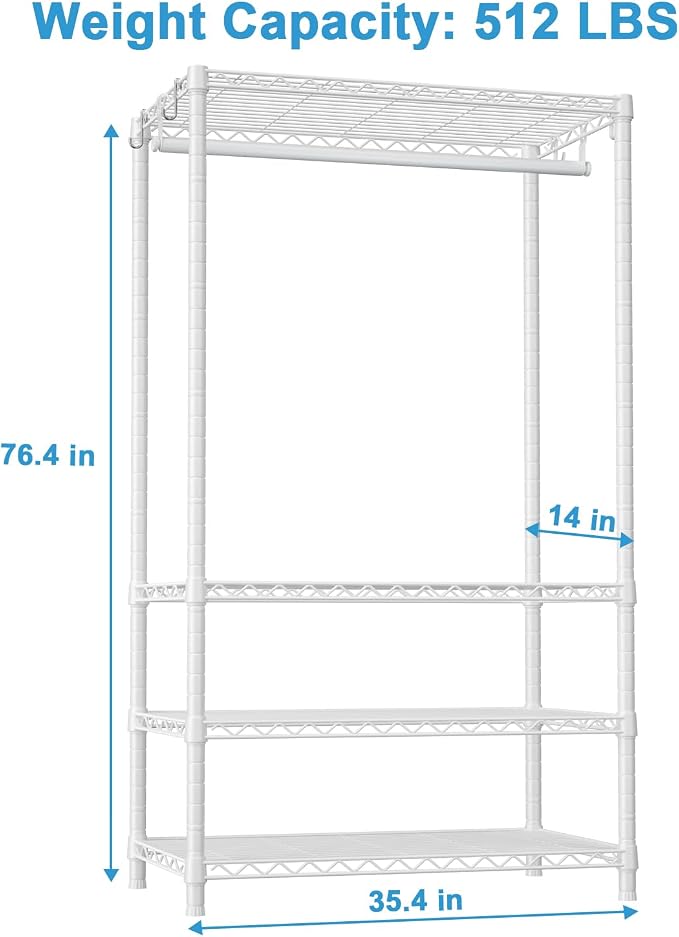 Ulif H4 Portable Closets, 4-Tier Metal Clothes Garment Rack for Bedroom and Cloakroom, Clothing Closet Storage and Organizer Wardrobe, 35.4" W x 14" D x 76.4" H, White | White Freestanding Clothing Closet Storage and Organizer Wardrobe for Apartment an...