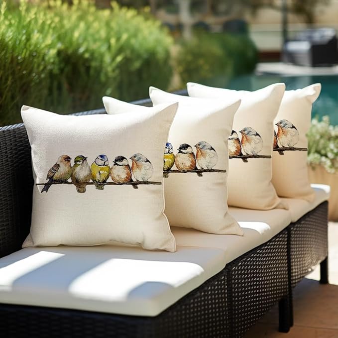 RABUSOFA Spring Summer Pillows Decorative Throw Pillows 20x20,Large Outdoor Bird Pillow Covers,Single Watercolor Hand-Painted Oil Painting Rustic Birds Square Pillow Cases for Couch Sofa