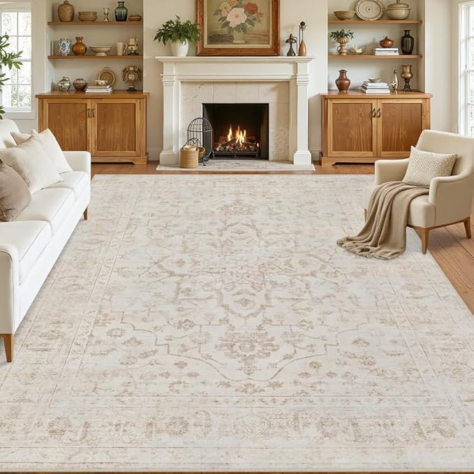8x10 Area Rugs Living Room: Bedroom Washable Carpet Warm Beige | Vintage Boho Soft Small Indoor Decor Floor Non-Slip Low Pile Neutral Farmhouse Entryway Laundry Bathroom Bedroom Beside Rugs