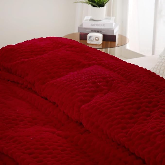Puncuntex Red Throw Blanket 90"×90" inches Fuzzy 3D Jacquard Decorative | Flannel Fleece Super Soft Plush Cozy Blanket for Couch Sofa Chair Lightweight