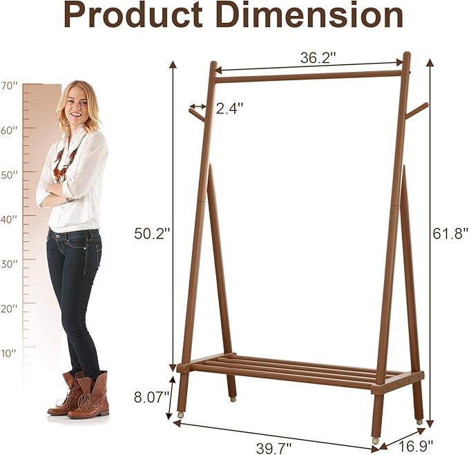 Muwuele Solid Wood Clothing Rack, Rolling Clothes Rack for Hanging Clothes, Garment Rack with Shelves Load 350 Lbs, Portable Closet Organizer on Wheels for Hanging Clothes (Walnut)