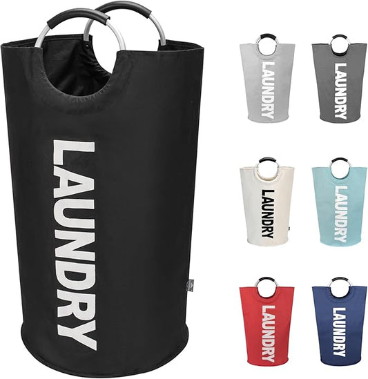 DOKEHOM 90L Large Laundry Basket Bag, Collapsible Tall Hamper, Black | Freestanding tall washing bin & foldable laundry bag. High-capacity clothes storage basket with durable sturdy handles