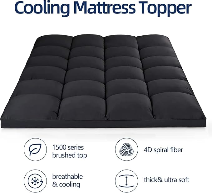 CHOPINMOON Queen Mattress Topper for Back Pain, Thick Mattress Pad Cover | Plush Pillow Top Mattress Topper, Breathable Soft Bed Topper with 8-21”Deep Elastic Pocket, Cooling for Hot Sleepers, Black