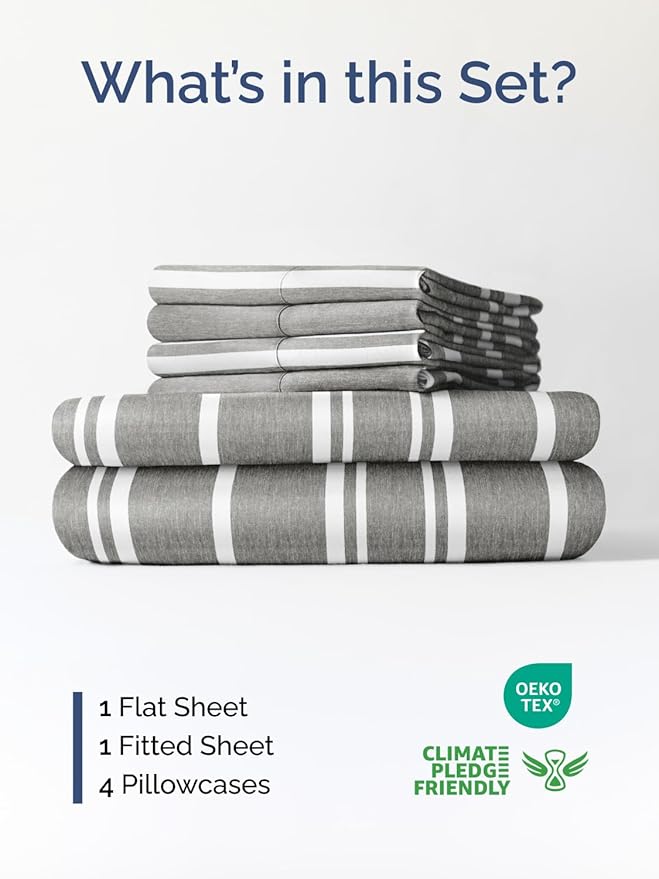 Extra Deep Full Sheet Set - 6 Piece Breathable & Cooling - Grey Stripes | Hotel Luxury Bed Sheets Set, Easy & Secure Fit, Ultra-Soft, Wrinkle & Fade Free, Comfy Sheets Set with Extra Deep Pockets