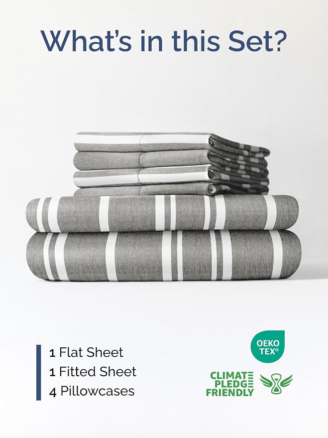Extra Deep Cal King Sheet Set - 6 Piece Breathable & Cooling - Grey Stripes | Hotel Luxury Bed Sheets Set, Easy & Secure Fit, Ultra-Soft, Wrinkle & Fade Free, Comfy Sheets Set with Extra Deep Pockets