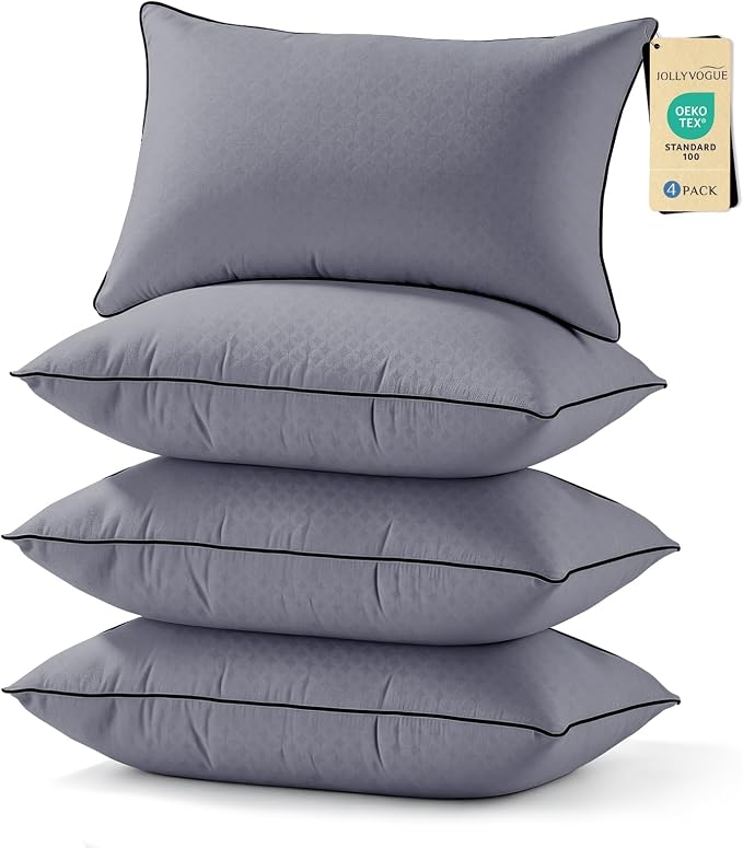 JOLLYVOGUE Grey Pillows Queen Size Set of 4, Washable Supportive Firm Bed Pillows with Oeko-Tex Certified Soft Down Alternative Fill, Fluffy Luxury Hotel Quality for Side, Back, and Stomach Sleepers