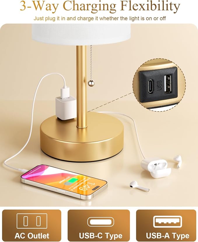 17.4" Gold Bedside Table Lamps Set of 2 - Bedroom Lamp, USB C+A, AC Outlet | 3CCT(3000/4000/5000K), LED Bulbs Included, White Fabric Lampshade, 17.4in Large Lamp for Nightstand, Living Room, Dorm, Desk