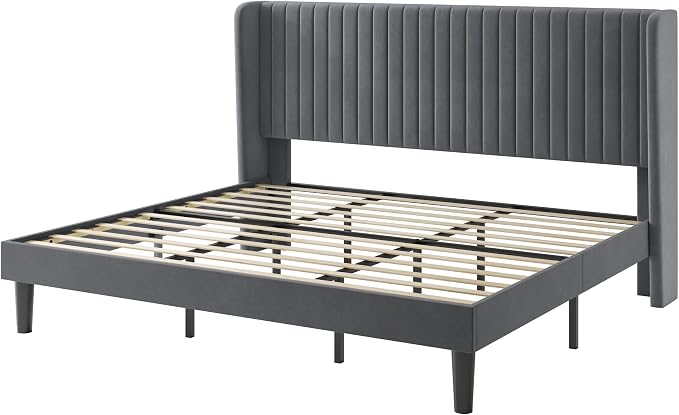 SHA CERLIN King Size Velvet Bed Frame, Tufted Wingback Headboard, Grey | 47'' Modern Vertical Channel Headboard, Upholstered Platform Bed, Wood Slats, No Box Spring Needed, Easy Assembly, Noise Free