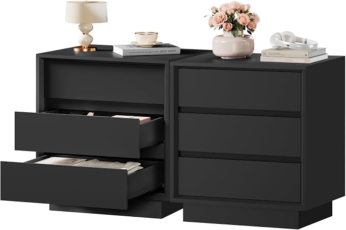 TEENFON Nightstands Set of 2, Night Stand with 3 Drawers, Nightstand Side Table with Cut-Out Handle, Bedside End Table for Bedroom, Black, 17.7″ L × 15.7″ W × 23.6″ H