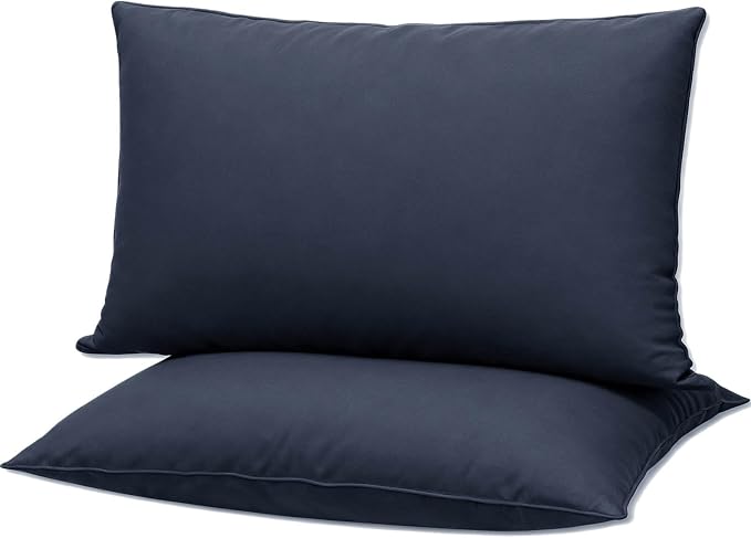 Flat Ultra Thin Bed Pillows Standard Size Pillow Set of 2 Extra Soft Down Alternative for Stomach Back Sleeper Dark Blue 20x26inches