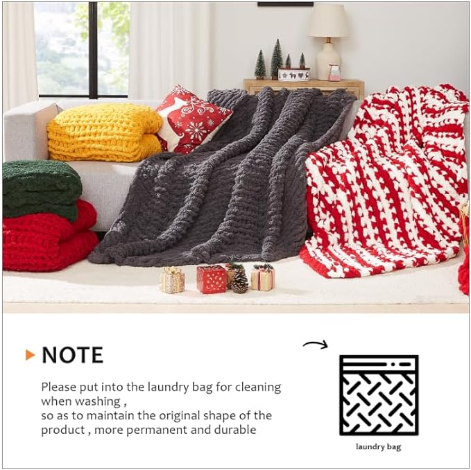 L'AGRATY Chunky Knit Throw Blanket for Couch, 50'' x 60'' Knit Throw, Tan | Handmade Chenille Crochet Blanket for Sofa Bed, Thick Cable Knitted Blankets for Room Home Decor, Birthday Gift for Women Mom