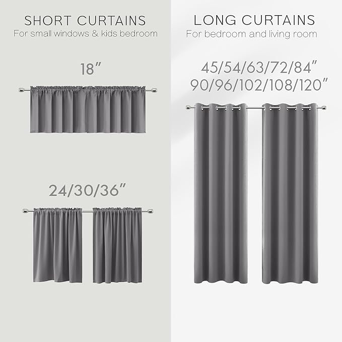 KOUFALL Gray Curtains 63 Inch Length 2 Panel Set for Kitchen,Room Darkening Curtains 63 Inches Long,52x63