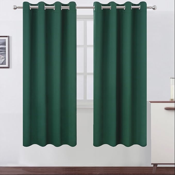 Blackout Curtains 66 x 72 Inch Long Dark Green Curtains Set of 2 Panels Room Darkening Curtains for Bedroom and Living Room