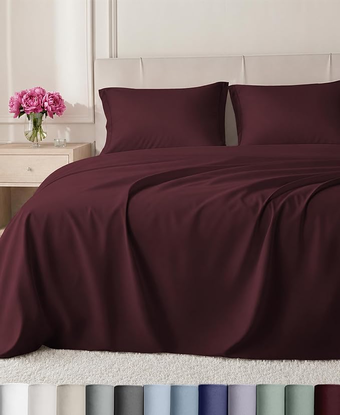 California Design Den 800 Thread Count Cotton Queen Sheet Set, Red Wine | 100% Cotton Sateen Backed by Good Housekeeping Seal - Soft & Thick, 16" Deep Pocket, All-Around Elastic, Durable, Easy Care