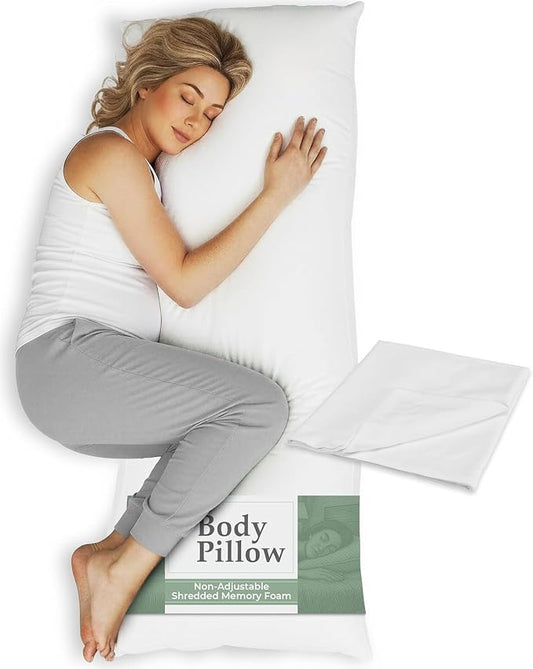 Body Pillow for Side Sleepers for Adults - Full Body Maternity Pillow Support Legs, Belly & HIPS - Shredded Memory Foam & Cooling Pregnancy Pillow Cover - 20x54 White