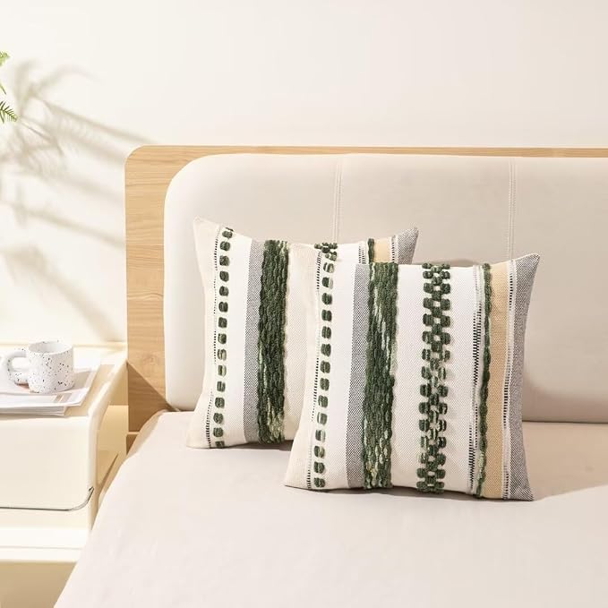 Boho Throw Pillow Covers Decorative Neutral Farmhouse Pillow case | 18x18 Set of 2 Cushion Case Striped Square Pillows Cover Couch Pillow Cases Accent Pillowcase for Sofa Bed,Dark Green