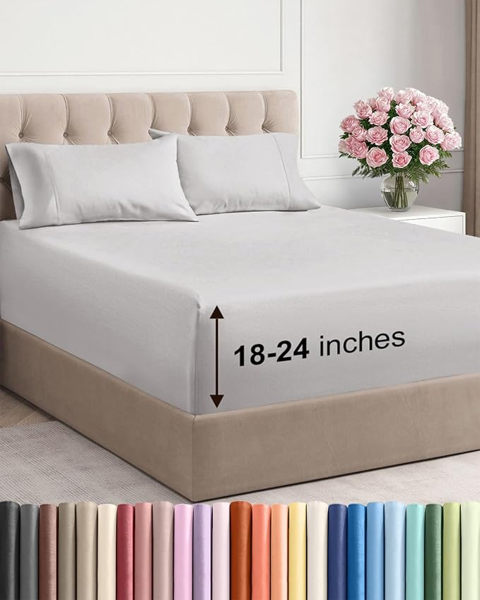 Extra Deep Queen Sheet Set - 4 Piece Breathable & Cooling - French Grey | Easily Fits 18 to 24 inch Mattress - Ultra Soft, Wrinkle & Fade Free with Extra Deep Pockets - Comfy Hotel Luxury Bedding
