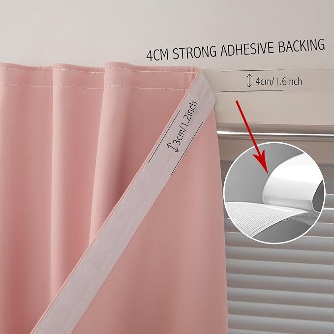 Self Adhesive Blackout Curtains- Stick on Curtains Shades Window Blinds Curtains No Rod Needed Easy to Hang Curtain, Use for Bedroom, Living Room,Roman Shades, 59" W X 71" L, Pink, 1 Panel