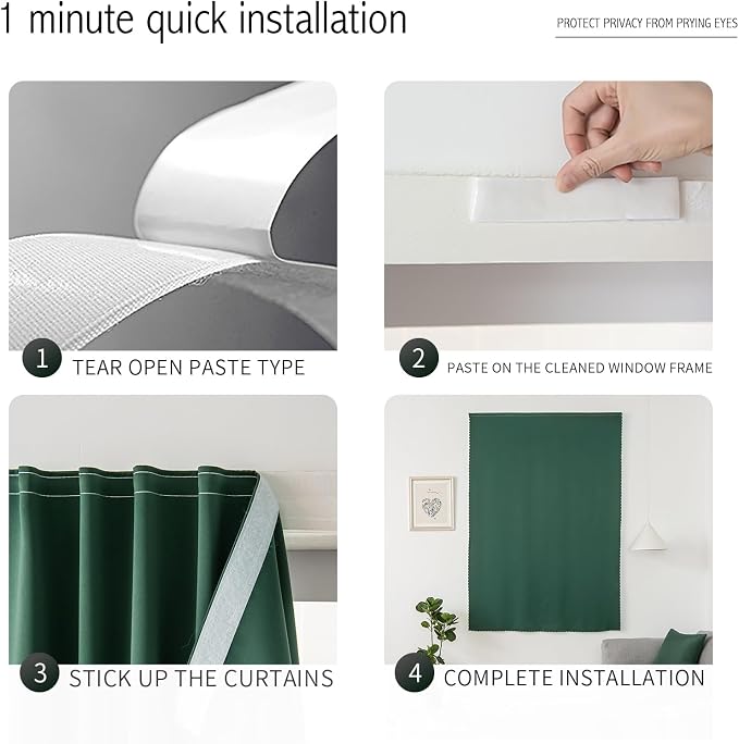 Thermal Blackout Curtains with Self-Adhesive Tape, No Rod No Drill Easy Install Window Cover for Bedroom Kitchen Dorm, 71" W x 59" L, Dark Green, 1 Panel