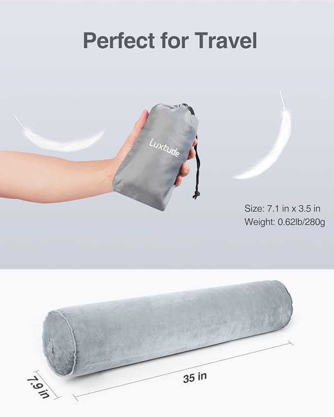 Luxtude Inflatable Body Pillow for Adults Kids, Travel Body Pillow | 35Inch Long Round Pillows for Side Sleeper, Soft Round Bolster Pillow for Camping, Hugging Sleeping, Back, Leg etc.
