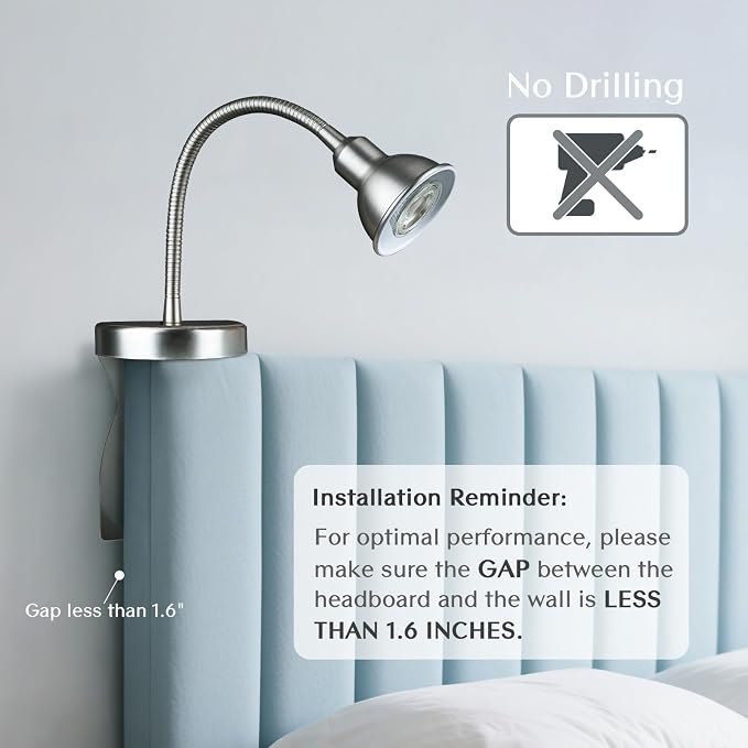 Patented Innovative Design Headboard Reading Light. No Drilling Golden Book Light for Bedtime Reading. Dimmable LED Book Reading Lamp with Bulb. Movable & Flexible, Silver