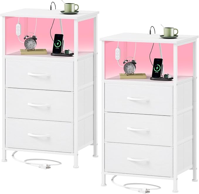 Somdot Nightstands Set of 2 with 3 Drawers, Charging Station & LED Light | Open-Shelf End Tables for Bedside, Small Spaces, Bedroom, Entryway and Hallway, White