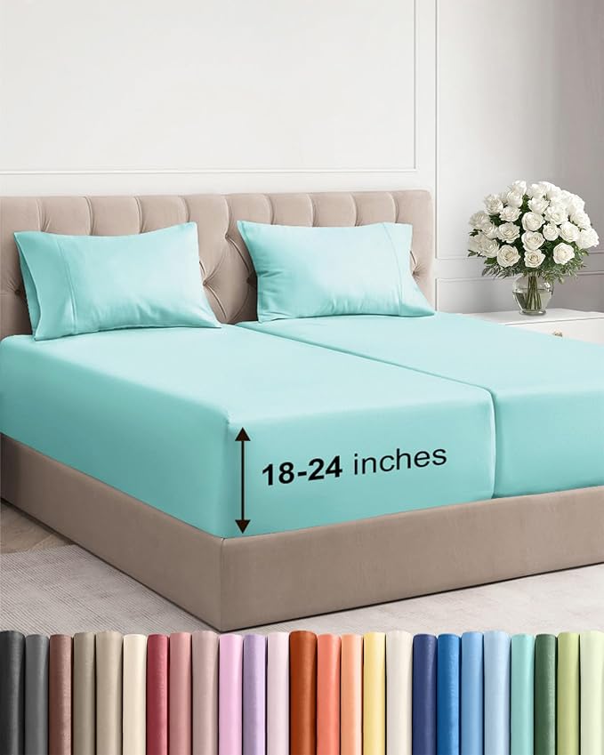 Extra Deep Split King Sheet Set - 5 Piece Soft & Cooling Sheets - Spa Blue | Easily Fits 18 to 24 inch Mattress - Ultra Soft, Wrinkle & Fade Free with Extra Deep Pockets - Comfy Hotel Luxury Bedding
