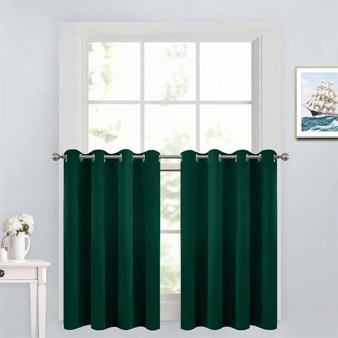 Yakamok Dark Green Room Darkening Window Curtains 52x36 Inch for Kitchen | Grommet,Thermal Insulated ,Blackout Curtains Drapes,Blocks some light adds privacy,Living room Bathroom,2 Panel Valance