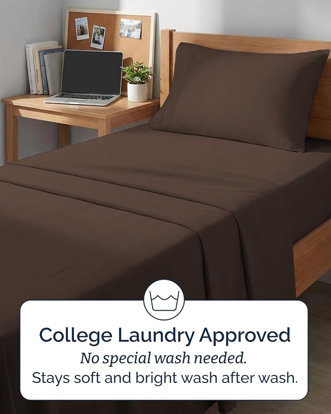 Twin XL 3 Piece Sheet Set - College Dorm Room Essentials - Brown | Deep Pocket Bed Sheets for Women, Men, Teens & Students, Soft, Cooling, Breathable & Wrinkle Free, Oeko-Tex Bed Sheet Set