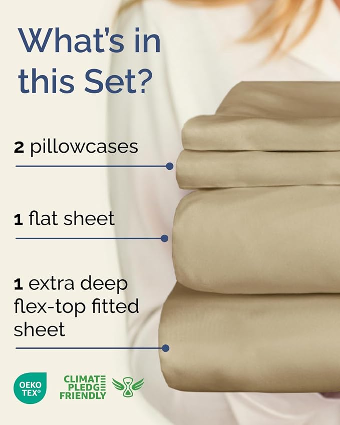 Flex Top Split Head King Sheet Set - 4 Piece Extra Deep Sheets - Beige | Easily Fits 18 to 24 inch Mattress, Ultra Soft, Wrinkle & Fade Free with Extra Deep Pockets, Comfy Hotel Luxury Bedding