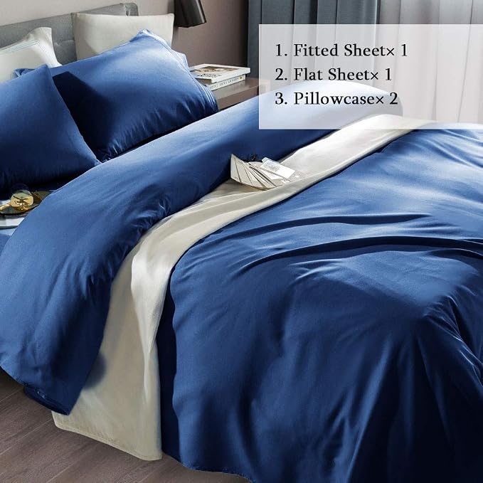 SONORO KATE Bed Sheet Set Super Soft Microfiber 1800 Series Luxury Egyptian Sheets Fit 18-24 Inch Deep Pocket Mattress Wrinkle-4 Piece (Navy Blue, Twin)