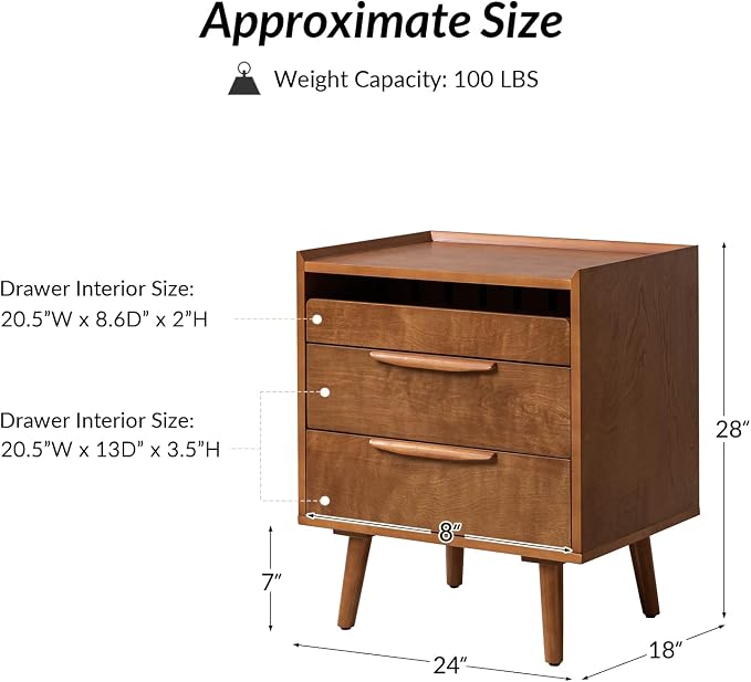 HULALA HOME 2-Drawer End Table with Charge Station, Set of 2 Acorn | Mid-Century Modern Style, Pull-Out Shelf, Wood Legs, Cable Management