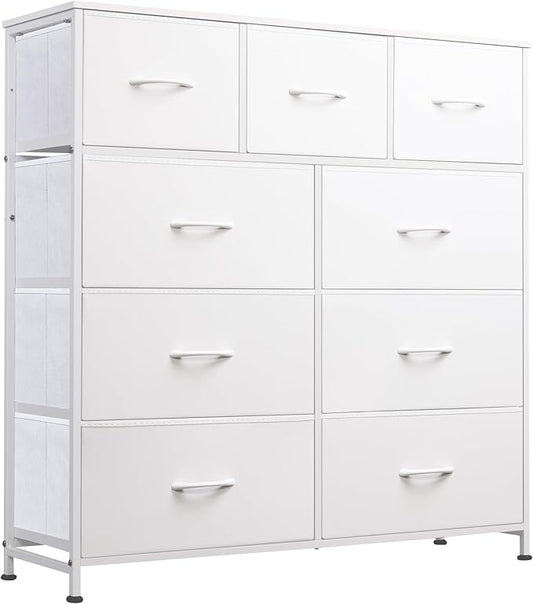 WLIVE Tall Dresser for Bedroom, 9 Drawer Chest of Drawers, White | 9 roomy fabric drawers, Tall storage design, Bedroom or closet use, Sturdy steel frame, Smooth wood tabletop