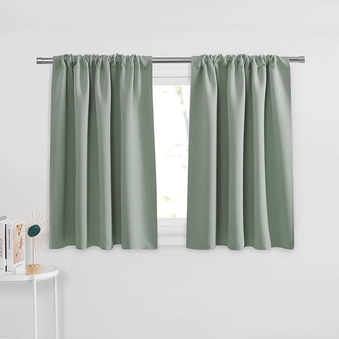PONY DANCE Sage Green Short Window Curtain Panels 30 inch Long - Rod Pocket Room Darkening Drapes for Dorm Storage Door Kitchen Basement Farmhouse Decor, W 42 x L 30 inches, 2 Panels