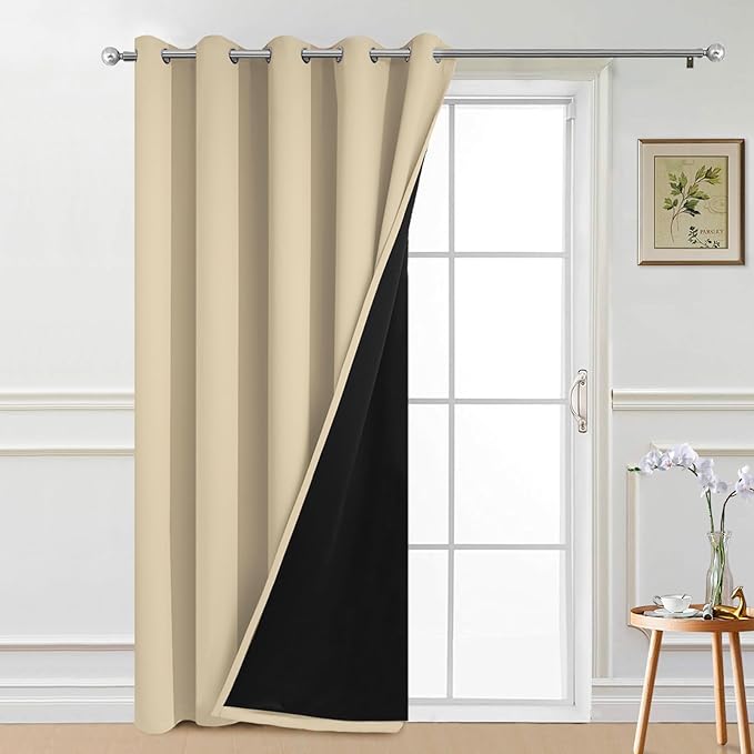 Yakamok Beige 100% Blackout Patio Door Curtain Panels W70 x L84,1 Panel | Noise Reducing Barrier Panel for Sliding Glass Door, 2 Thick Layers Heat Full Light Blocking Patio Door Drapery