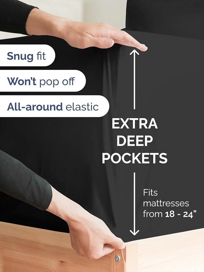 Extra Deep Twin Fitted Sheet - Single Fitted Sheet Only - Black | Easily Fits 18 inch to 24 inch Mattress, Soft, Wrinkle Free, Breathable & Comfy, Extra Deep Pockets Hotel Luxury Fitted Sheet