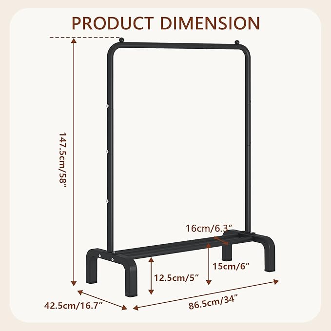 JIUYOTREE Garment Rack Clothing Clothes Rack for Clothes Organizing Black | Standard Metal 34 Inches Garment Rack with Bottom Shelf for Hanging Clothes Coats Jackets Shirts Sweaters Jeans Black