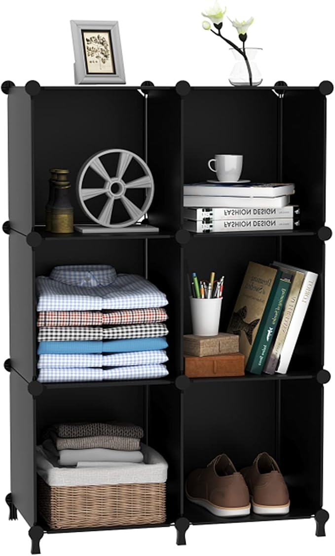 AWTATOS Closet Organizers and Storage, 6 Cube Storage Organizer, Black | Portable Closet Storage Shelves, DIY Stackable Storage Cube Book Shelf, Plastic Clothes Organizer Shelving for Bedroom, Home