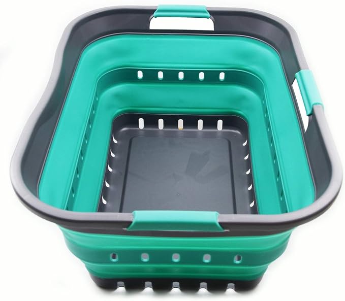 SAMMART 42L (11 gallon) Collapsible Plastic Laundry Basket - Foldable Pop Up Storage Container/Organizer - Space Saving Hamper/Basket (1, Grey/Turquoise Blue)