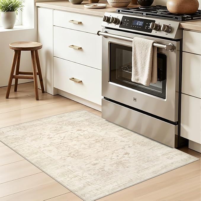 Washable Area Rugs 2x3: Living Room Bedroom Carpet Beige/Brown | Vintage Boho Indoor Decor Soft Small Entryway Throw Neutral Kitchen Bathroom Laundry Floor Non-Slip Low Pile Entrance Rug