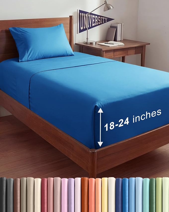 Extra Deep Twin XL Sheet Set - 3 Piece College Dorm Room - Royal Blue | Soft, Breathable & Cooling, Easily Fits 18 to 24 inch Mattress, Wrinkle Free & Fade Resistant with Extra Deep Pockets