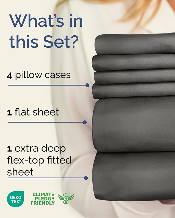 Extra Deep Flex Top Split Head King Sheet Set - 6 Piece Breathable and Cooling Sheets - Hotel Luxury Bedding for Women, Men, Kids & Teens - Easy Secure Fit - Extra Deep Pockets - Charcoal