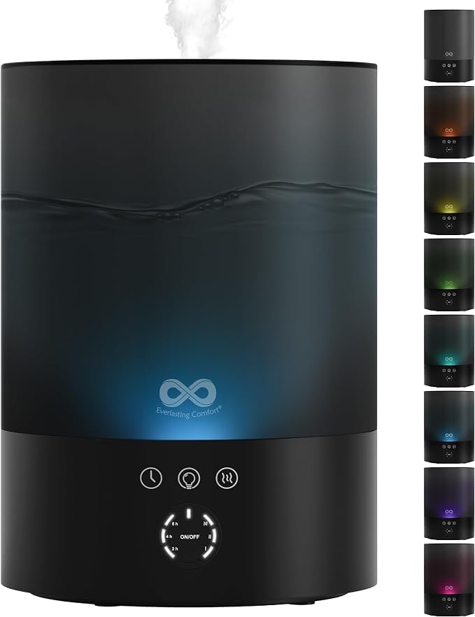 Everlasting Comfort 2.5L Top Fill Humidifier for Bedroom – 28dB Ultra-Quiet, Easy to Fill & Clean, 24HR Runtime, Night Light, Timer, Ultrasonic Cool Mist, Auto Shut-Off for Indoor Use - Black