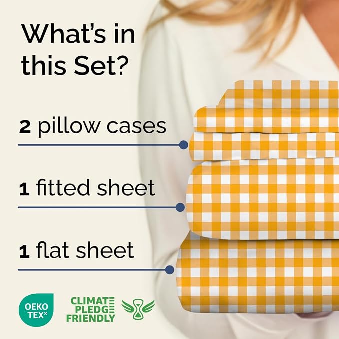 Cal King 4 Piece Striped Sheet Set - Breathable & Cooling - Orange Gingham | 1 Flat, 1 Fitted & 2 Pillowcases w/ Deep Pockets, Luxury Striped Bedding, Soft, Breathable & Cooling, Wrinkle & Fade Free