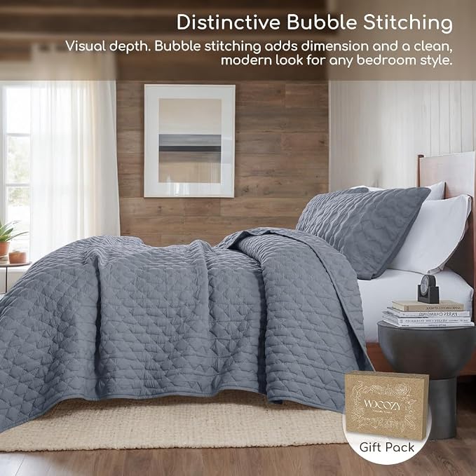 WDCOZY Blue Quilts Queen Size Bedding Sets with 2 Pillow Shams, Lightweight Soft Bedspread Coverlet, Quilted Blanket Thin Comforter Bed Cover for All Season, 3 Pieces, 90x90 inches