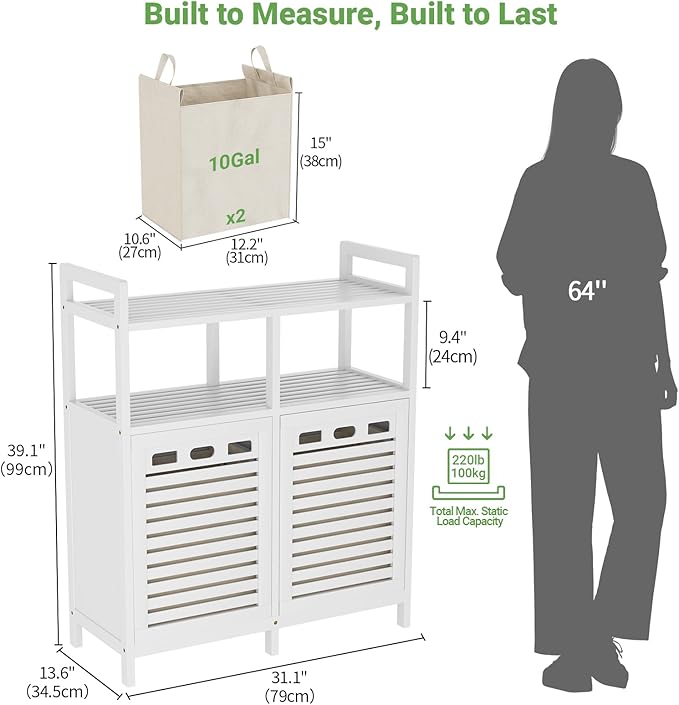 Homykic Tilt Out Laundry Hamper Cabinet, Bamboo Laundry Organizer, White | 20 Gal Laundry Sorter with 2 Removable Liner Bags, Hidden Clothes Hamper with Shelf for Laundry Room, Bathroom, Closet