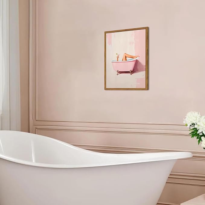 Funny Pink Girl Bathroom Wall Art, Cute Girly Bathtub Wall Decor Painting Trendy Pastel Woman and Martini Bathroom Poster Canvas Print Artwork 16x24 inch Framed