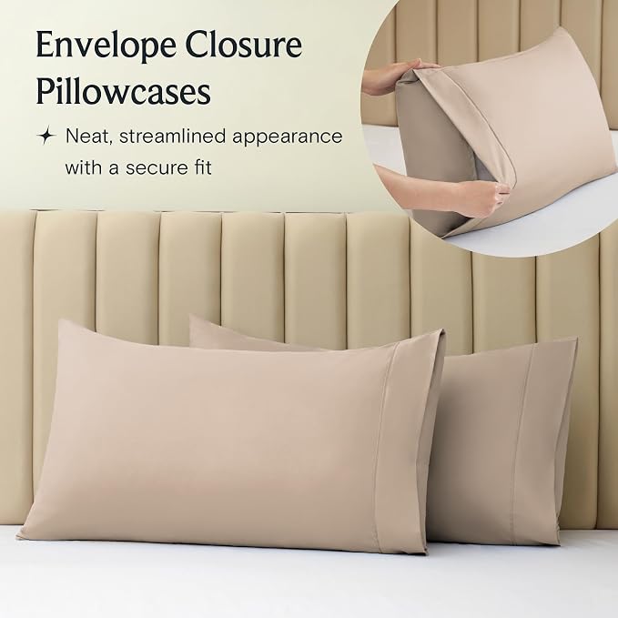 LuxClub Twin Size Sheets Set, Cooling & Soft Deep Pocket Bed Sheets, 3PC | LuxClub Silky Fitted Sheet & Pillowcase Sets, Breathable Hotel Luxury Bedding for Mattress Wrinkle Free, Light Khaki