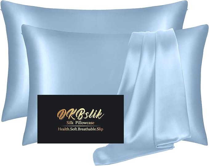 Silk Pillowcase 2 Pack, Natural Mulberry Silk Pillow Case,Anti Acne Silk Pillowcase for Hair and Skin, King Size Silk Satin Pillowcase Set of 2 with Hidden Zipper, Gifts for Women Men, Haze Blue